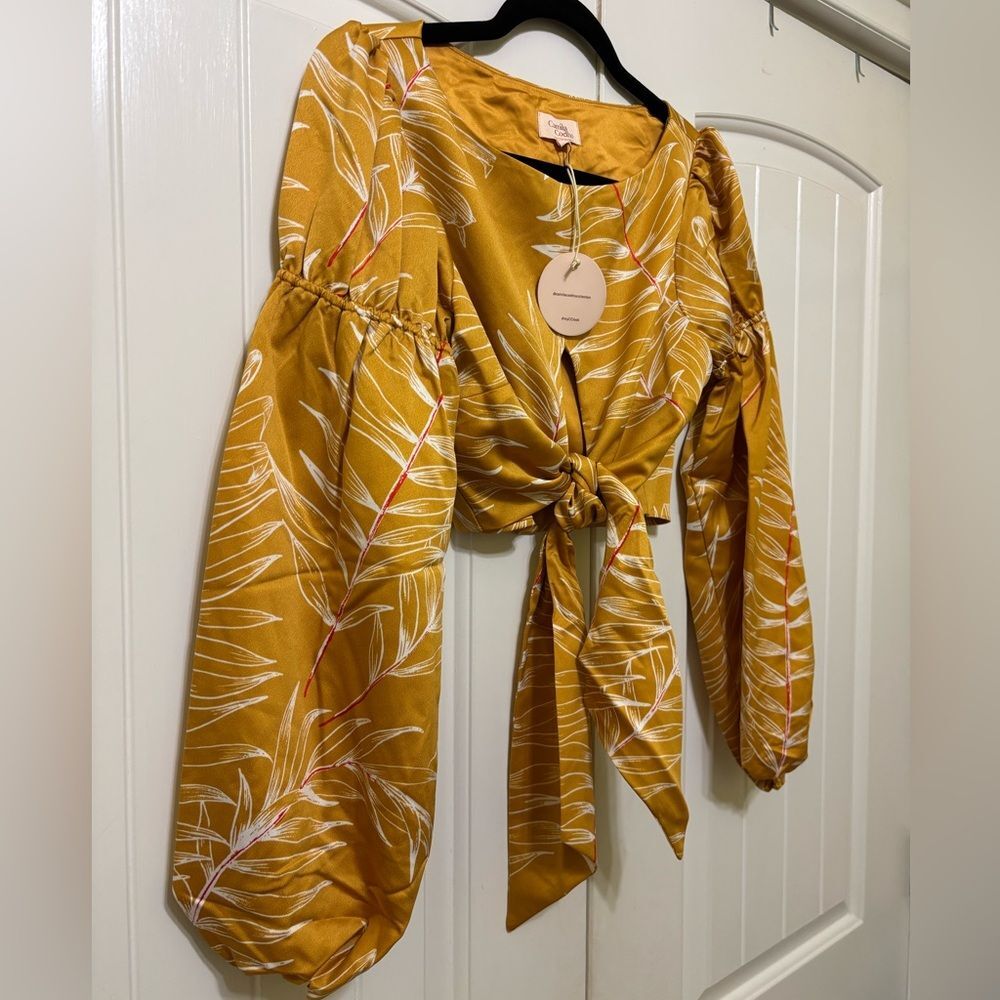 Camila Coelho Marcia Crop Top Gold Tropical Puff Sleeve Resort Glam Blouse, sz S - Picture 4 of 11